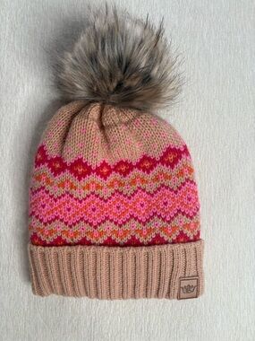 Panache Beige, Pink & Red Knit Pom Hat with Fair Isle Pattern